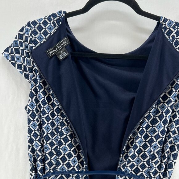 Jessica Howard Dress Women 4P Cap Sleeve Geometric Print Belted A-Line Navy Blue - Picture 9 of 12